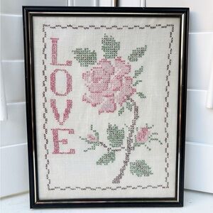 Vintage Framed Floral Flower Rose Love Cross Stitch Tapestry
